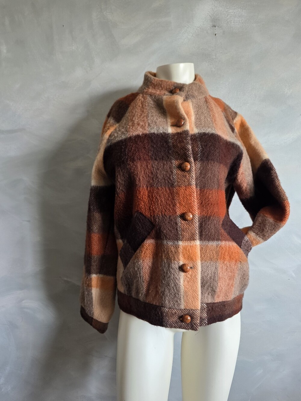 Vintage Blanket Virgin Wool Heritage Plaid Bomber Button Down Jacket Autumn M